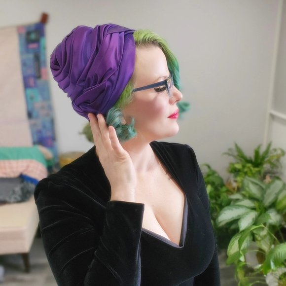 Vintage 1940's - 1950's Purple Satin Turban Hat by Paul Beusam Custom Designs - Picture 1 of 12